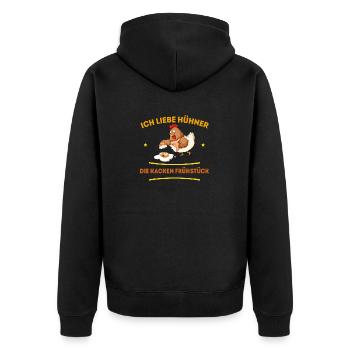Ich liebe Hühner die kacken Frühstück - Unisex Premium Bio Zip Hoodie - Schwarz - Hinten - Nico (187cm)