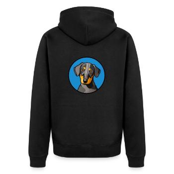 Dackel Design Grafik gelb grau in blauem Kreis - Unisex Premium Bio Zip Hoodie - Schwarz - Hinten - Nico (187cm)