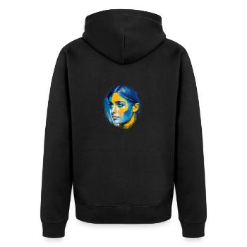 Peinture d’une femme en bleu et jaune - Veste à capuche bio Premium Unisexe - noir - Dos - Nico (187cm)