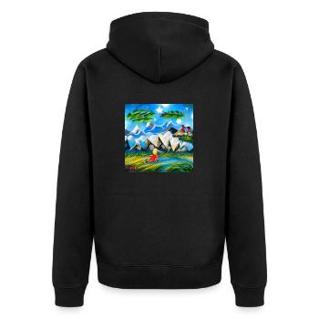 Kindheit mit dem Fahrrad in den Bergen im Urlaub - Unisex Premium Bio Zip Hoodie - Schwarz - Hinten - Nico (187cm)