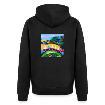Kind mit dem Pastellrad in den Bergen während der SU - Unisex Premium Bio Zip Hoodie - Schwarz - Hinten - Nico (187cm)