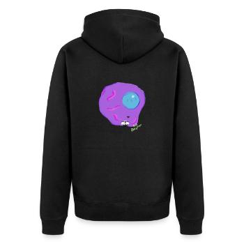 Gebratenes blau-lila Ei von Mari v.dosmoscas - Unisex Premium Bio Zip Hoodie - Schwarz - Hinten - Nico (187cm)
