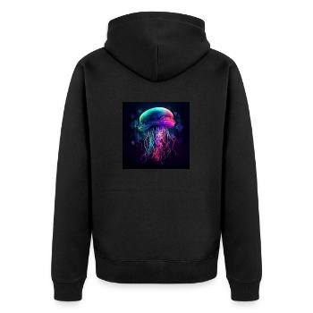 Neonfarbene Qualle schwimmt im Meer - Unisex Premium Bio Zip Hoodie - Schwarz - Hinten - Nico (187cm)