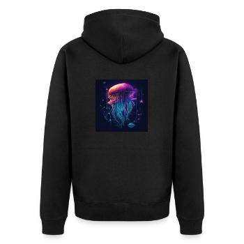 Neonfarbene Qualle schwimmt im Meer - Unisex Premium Bio Zip Hoodie - Schwarz - Hinten - Nico (187cm)