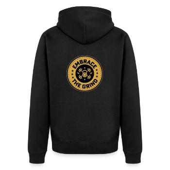 Embrace The Grind Weight Lifting Workout - Unisex Premium Bio Zip Hoodie - Schwarz - Hinten - Nico (187cm)