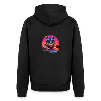 Synthwave Tiger Sunset - Unisex Premium Bio Zip Hoodie - Schwarz - Hinten - Nico (187cm)