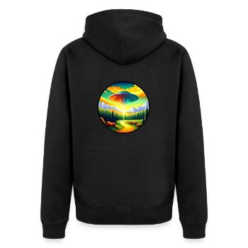 Malerei eines Ufos im Gebirge - Unisex Premium Bio Zip Hoodie - Schwarz - Hinten - Nico (187cm)