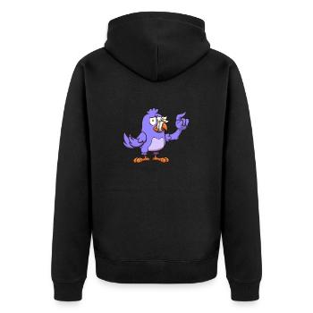 Lila Karikaturvogel mit geklebtem Maul - Unisex Premium Bio Zip Hoodie - Schwarz - Hinten - Nico (187cm)