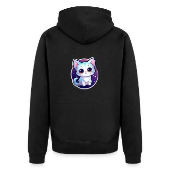 "Cosmic Kitty: Adorable Space Float" - Unisex Premium Bio Zip Hoodie - Schwarz - Hinten - Nico (187cm)