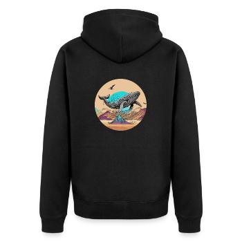 Psychedelische Wüste mit fliegendem Wal - Unisex Premium Bio Zip Hoodie - Schwarz - Hinten - Nico (187cm)
