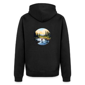 Ein Gemälde eines Fliegenfischers im Fluss - Unisex Premium Bio Zip Hoodie - Schwarz - Hinten - Nico (187cm)