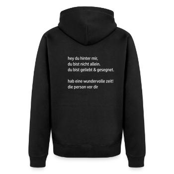 hey du hinter mir by csDesign - Unisex Premium Bio Zip Hoodie - Schwarz - Hinten - Nico (187cm)