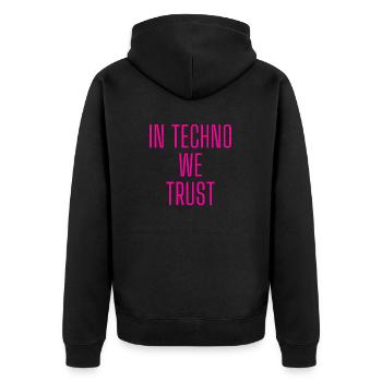 in Techno we trust glow pink - Unisex Premium Bio Zip Hoodie - Schwarz - Hinten - Nico (187cm)