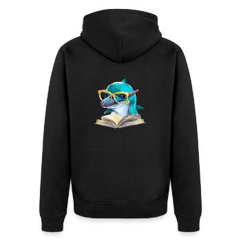 Molo, der gelehrte Delphin - Unisex Premium Bio Zip Hoodie - Schwarz - Hinten - Nico (187cm)