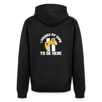Ich habe mein Spiel unterbrochen, um hier zu sein - Unisex Premium Bio Zip Hoodie - Schwarz - Hinten - Nico (187cm)