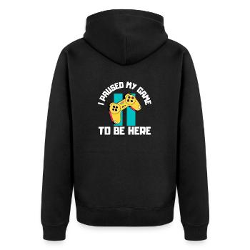 Ich unterbrach mein Spiel, um hier zu sein - Unisex Premium Bio Zip Hoodie - Schwarz - Hinten - Nico (187cm)