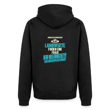 JGA Team - Landwirt - strong sky blue - RAHMENLOS - Unisex Premium Bio Zip Hoodie - Schwarz - Hinten - Nico (187cm)