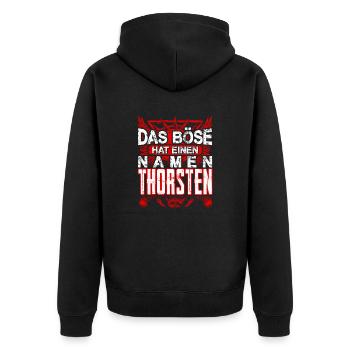 THORSTEN - Name - Unisex Premium Bio Zip Hoodie - Schwarz - Hinten - Nico (187cm)