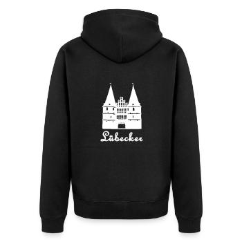 Aufdruck Lübecker mit dem Holstentor Lübeck - Unisex Premium Bio Zip Hoodie - Schwarz - Hinten - Nico (187cm)