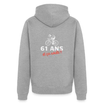 61 ans et ça roule Cyclisme Vélo - Veste à capuche bio Premium Unisexe - gris chiné - Dos - Nico (187cm)