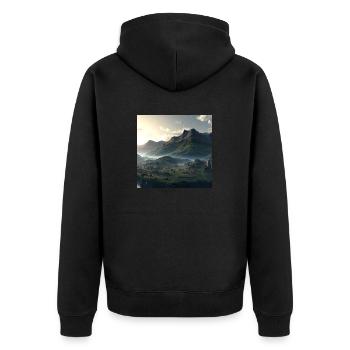 Wunderschöne Berglandschaft im Nebel - Unisex Premium Bio Zip Hoodie - Schwarz - Hinten - Nico (187cm)
