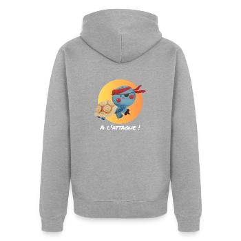 Piratenschildkröte, im Angriff! - Unisex Premium Bio Zip Hoodie - Grau meliert - Hinten - Nico (187cm)
