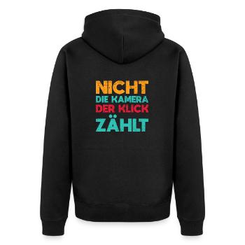 Nicht Die Kamera, Der Klick Zählt - Unisex Premium Bio Zip Hoodie - Schwarz - Hinten - Nico (187cm)