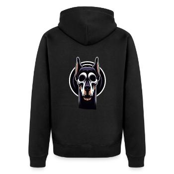 Neon Dobermann Totenkopf Kante - Unisex Premium Bio Zip Hoodie - Schwarz - Hinten - Nico (187cm)