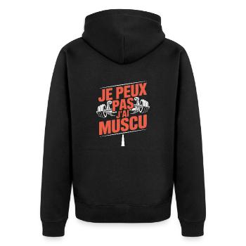 Ich kann nicht, ich habe Muskeln - Unisex Premium Bio Zip Hoodie - Schwarz - Hinten - Nico (187cm)