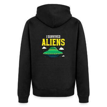 Ich habe Aliens Retro Flying Saucer überlebt - Unisex Premium Bio Zip Hoodie - Schwarz - Hinten - Nico (187cm)