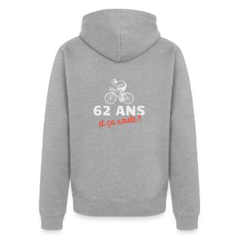 62 ans et ça roule Cyclisme Vélo - Veste à capuche bio Premium Unisexe - gris chiné - Dos - Nico (187cm)