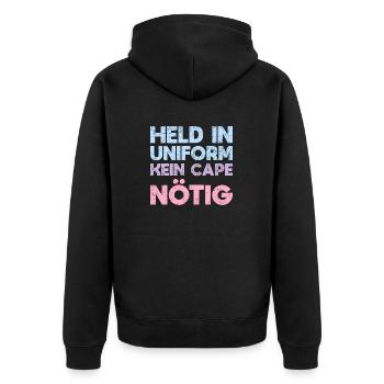Held In Uniform, Kein Cape Nötig - Unisex Premium Bio Zip Hoodie - Schwarz - Hinten - Nico (187cm)