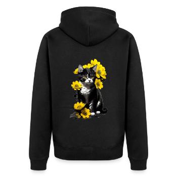 Chaton assis avec des fleurs jaunes - Veste à capuche bio Premium Unisexe - noir - Dos - Nico (187cm)