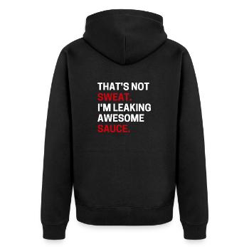 Das ist kein Schweiß, ich lecke tolle Sauce lustig - Unisex Premium Bio Zip Hoodie - Schwarz - Hinten - Nico (187cm)