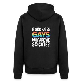 If god hates gays why are we so cute? - Unisex Premium Bio Zip Hoodie - Schwarz - Hinten - Nico (187cm)
