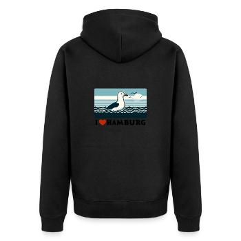 Mer du Nord Moin Mouette J’ADORE Hambourg Hanséatique Ville Amour - Veste à capuche bio Premium Unisexe - noir - Dos - Nico (187cm)