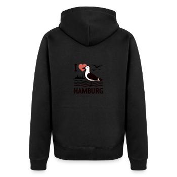 Mer du Nord Moin Mouette J’ADORE Hambourg Ville hanséatique Kiez - Veste à capuche bio Premium Unisexe - noir - Dos - Nico (187cm)