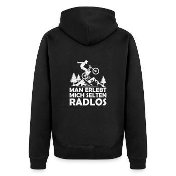 Ich bin selten radlos - Humorvolles Fahrrad-Shirt - Unisex Premium Bio Zip Hoodie - Schwarz - Hinten - Nico (187cm)