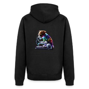 Jack Russel Hund näht mit Nähmaschine - Unisex Premium Bio Zip Hoodie - Schwarz - Hinten - Nico (187cm)