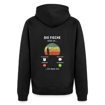 Die Fische rufen an - ich muss los - Spruch - Unisex Premium Bio Zip Hoodie - Schwarz - Hinten - Nico (187cm)