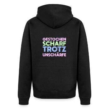 Gestochen Scharf Trotz Unschärfe - Unisex Premium Bio Zip Hoodie - Schwarz - Hinten - Nico (187cm)