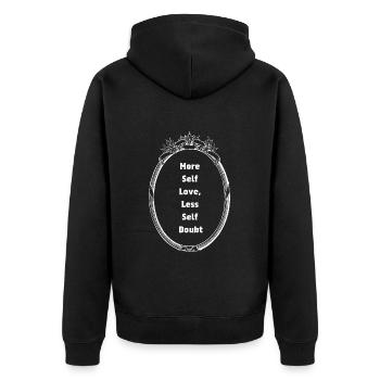 More Self Love, Less Self Doubt – Selbstliebe - Unisex Premium Bio Zip Hoodie - Schwarz - Hinten - Nico (187cm)