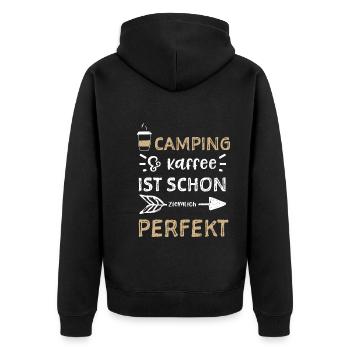 Camping & coffee is already quite ... - Unisex Premium Organic Zip Hoodie - black - Back - Nico (187cm)