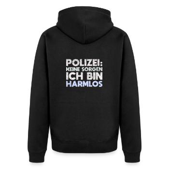 Polizei: Keine Sorgen, Ich Bin Harmlos - Unisex Premium Bio Zip Hoodie - Schwarz - Hinten - Nico (187cm)