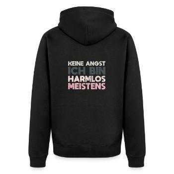 Keine Angst, Ich Bin Harmlos Meistens - Unisex Premium Bio Zip Hoodie - Schwarz - Hinten - Nico (187cm)
