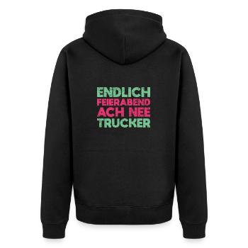 Endlich Feierabend Ach Nee, Trucker - Unisex Premium Bio Zip Hoodie - Schwarz - Hinten - Nico (187cm)