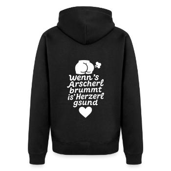 Wenns Arscherl brummt is Herzerl gsund - Unisex Premium Bio Zip Hoodie - Schwarz - Hinten - Nico (187cm)