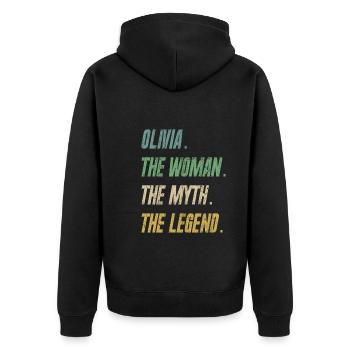 Olivia The Woman The Myth The Legend - Unisex Premium Bio Zip Hoodie - Schwarz - Hinten - Nico (187cm)