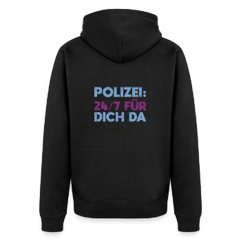 Polizei: 24/7 Für Dich Da - Unisex Premium Bio Zip Hoodie - Schwarz - Hinten - Nico (187cm)
