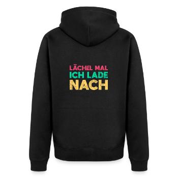 Lächel Mal, Ich Lade Nach - Unisex Premium Bio Zip Hoodie - Schwarz - Hinten - Nico (187cm)